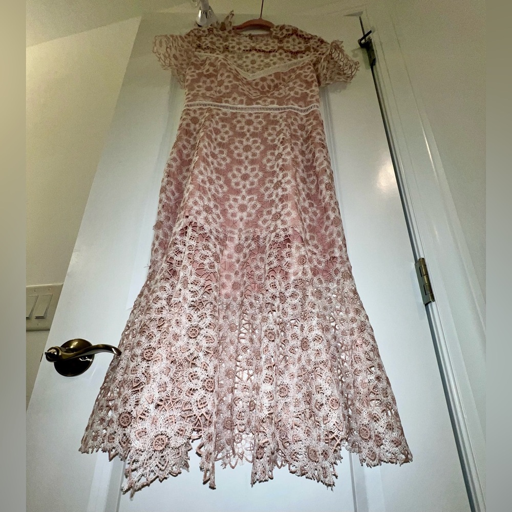 SAYLOR Lillie Lace Illusion Dress 
Illusion Neckline/Open Back 
MED 
BLUSH/IVORY - Picture 16 of 16